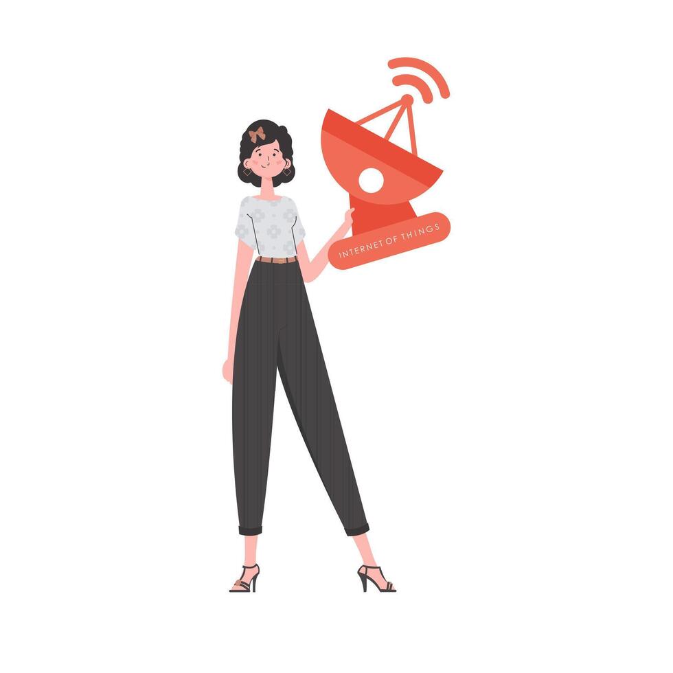 Internet of things and automation concept. A woman holds a satellite dish in her hands. Isolated on white background. illustration in trendy flat style. vector