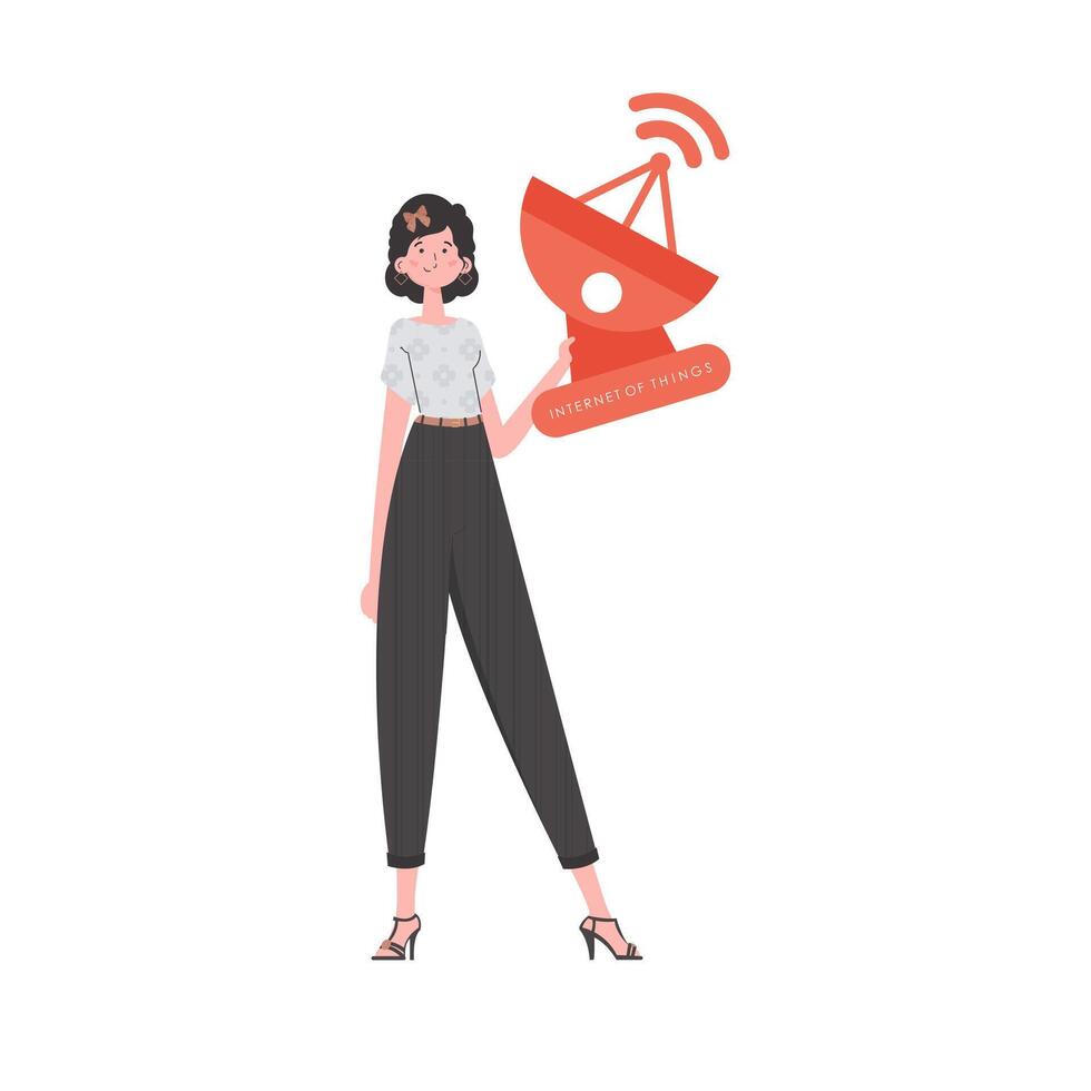 Internet of things and automation concept. A woman holds a satellite dish in her hands. Isolated on white background. Vector illustration in trendy flat style.