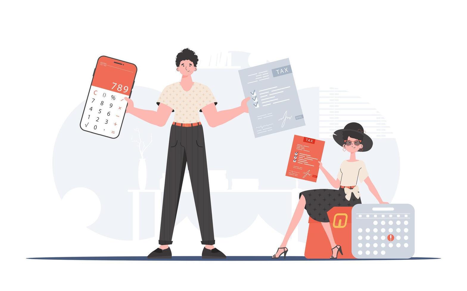 A man and a woman are holding a calculator in their hands. Taxes. Element for presentations. vector