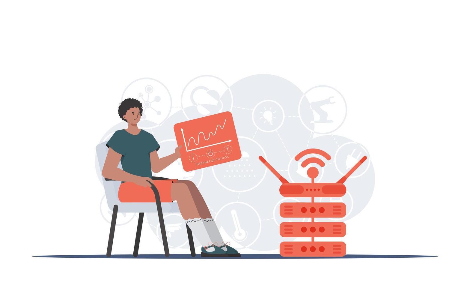Internet of things and automation concept. A man sits in a chair and holds a panel with analyzers and indicators in his hands. Good for websites and presentations. illustration in flat style. vector