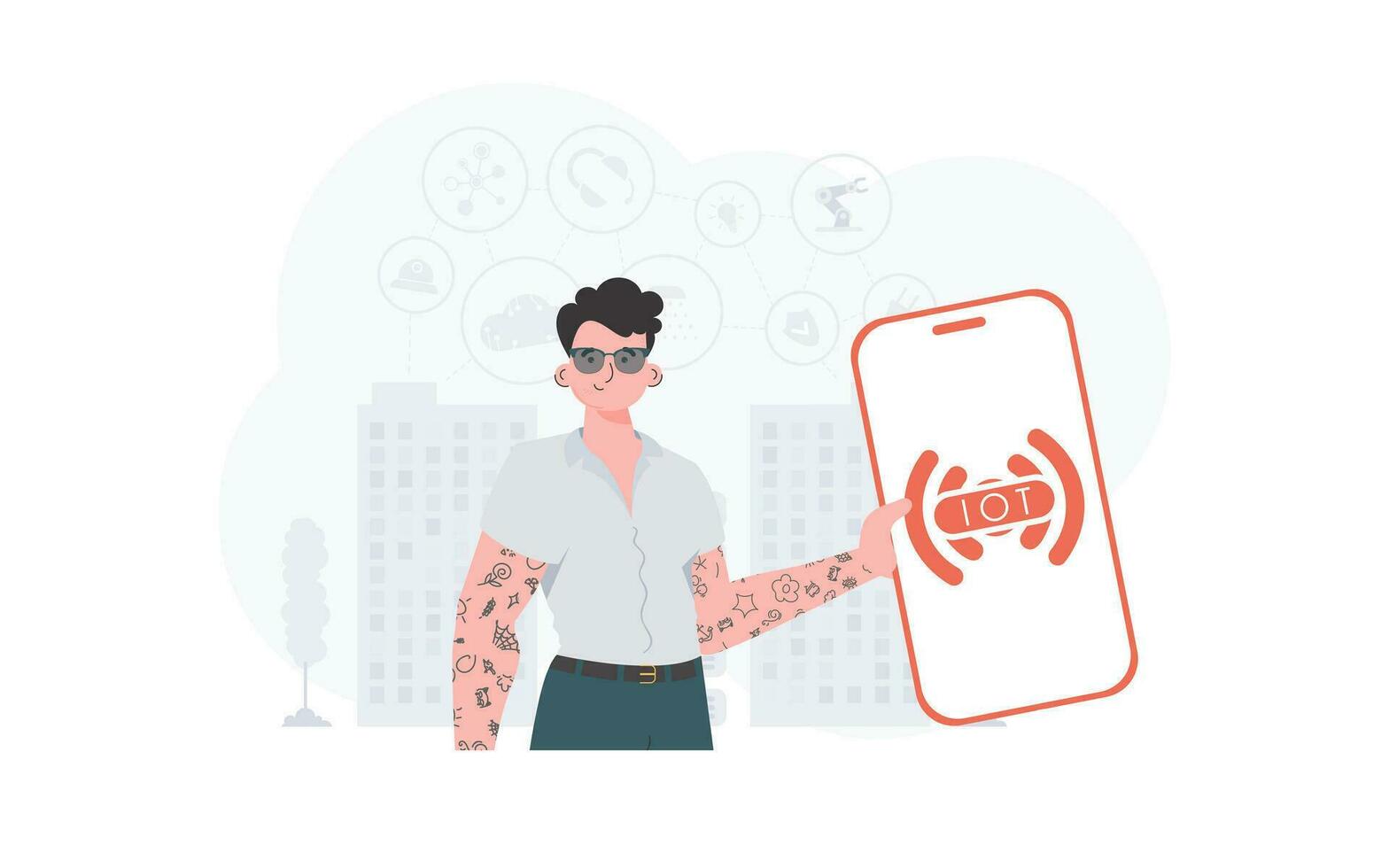 Internet of things and automation concept. A man holds a phone with the IoT logo in his hands. Vector. vector