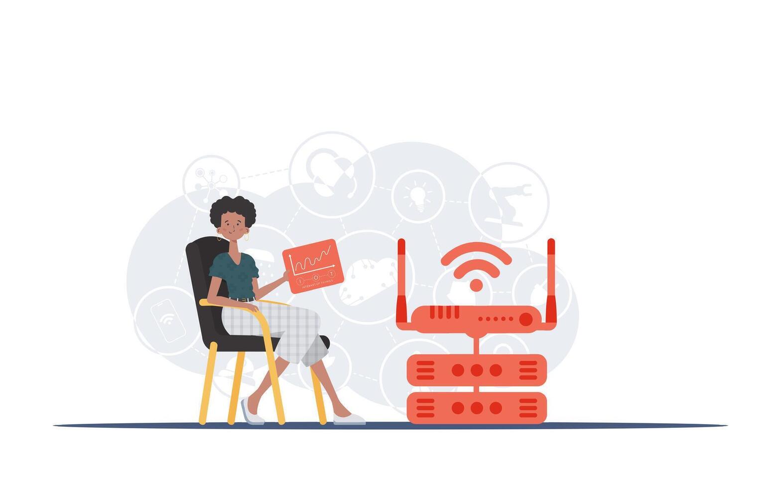 Internet of things and automation concept. A woman sits in a chair and holds a panel with analyzers and indicators in her hands. Good for websites and presentations. Vector illustration in flat style.