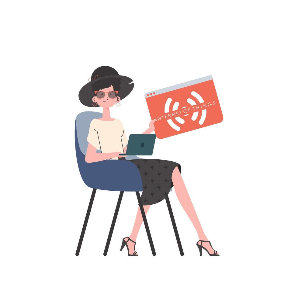 The girl is holding the IoT icon in her hands. IOT and automation concept. Isolated. Trendy flat style. Vector illustration.