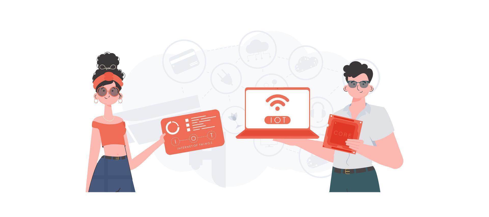 A man and a woman are a team in the field of the Internet of things. IoT concept. Good for presentations and websites. illustration. vector