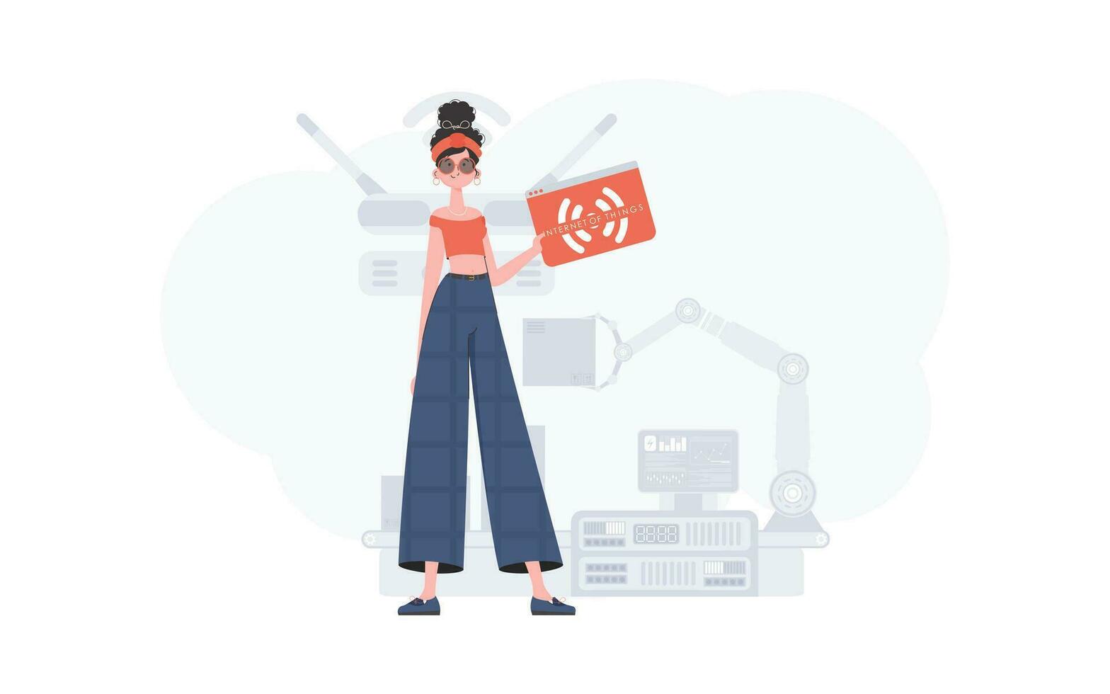 A woman is holding an internet thing icon in her hands. Internet of things concept. Good for presentations and websites. Vector illustration in trendy flat style.