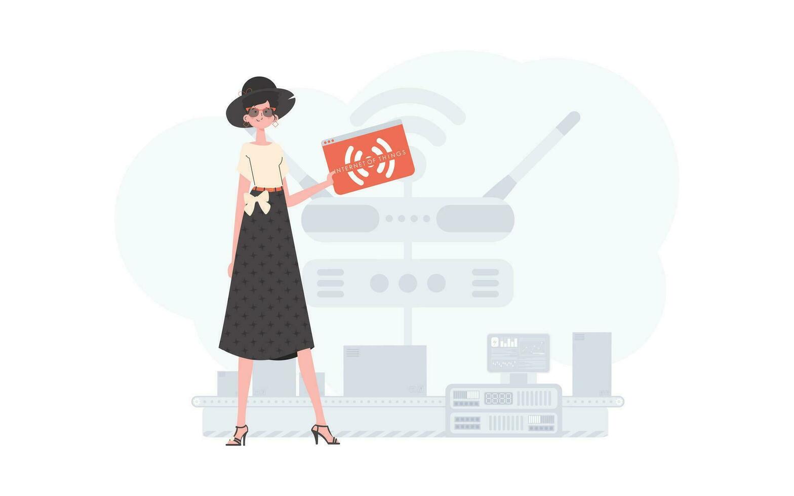 un mujer es participación un Internet cosa icono en su manos. Internet de cosas concepto. bueno para presentaciones y sitios web vector ilustración en plano estilo.