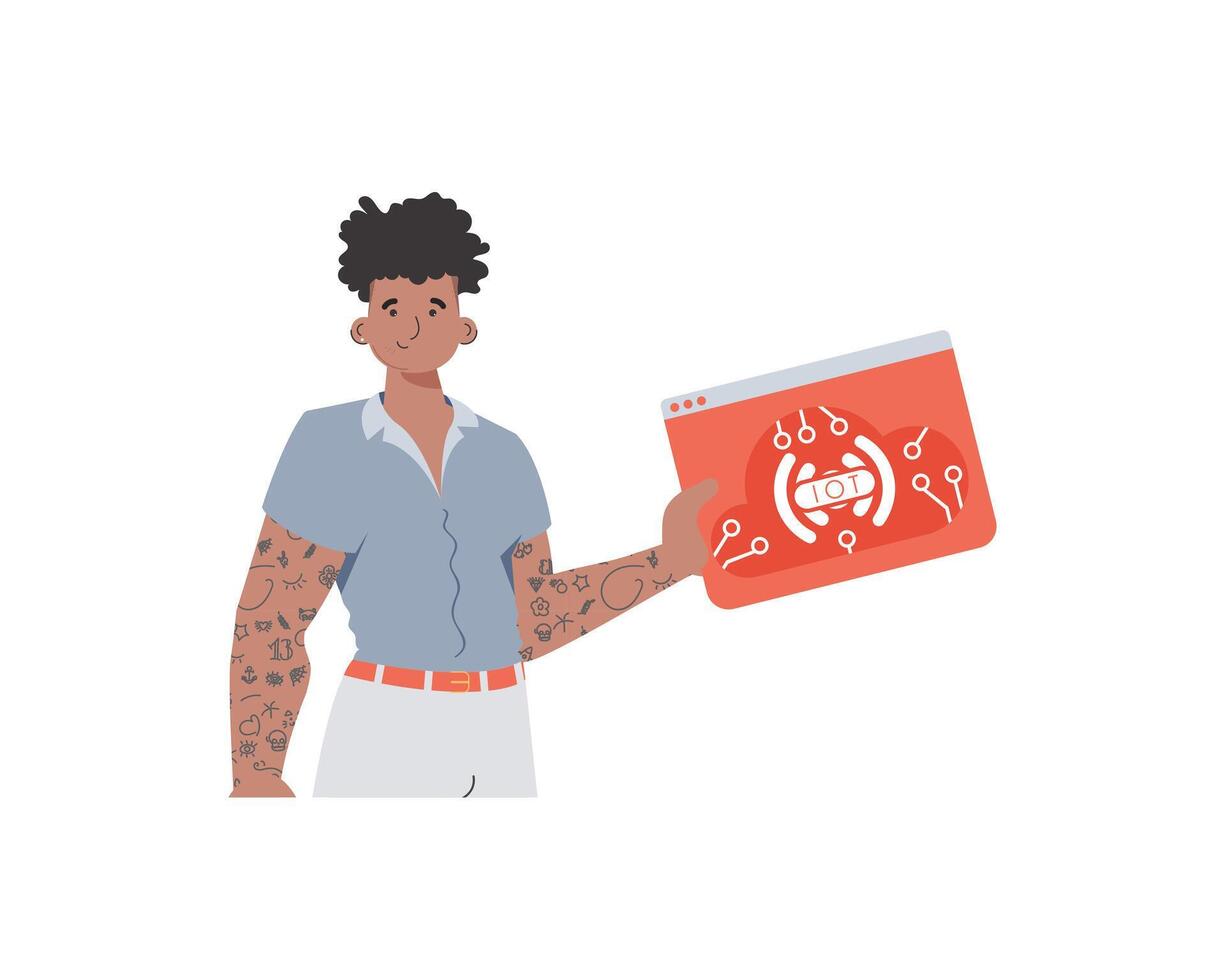 The guy holds the IoT logo in his hands. IoT concept. Isolated. Trendy flat style. illustration. vector