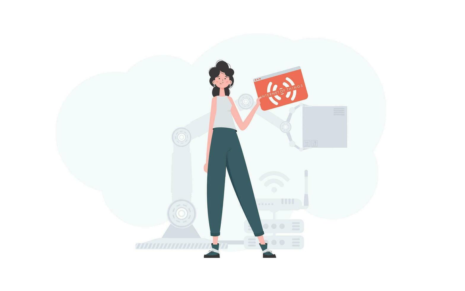 A woman is holding an internet thing icon in her hands. Internet of things concept. Good for websites and presentations. Trendy flat style. Vector. vector