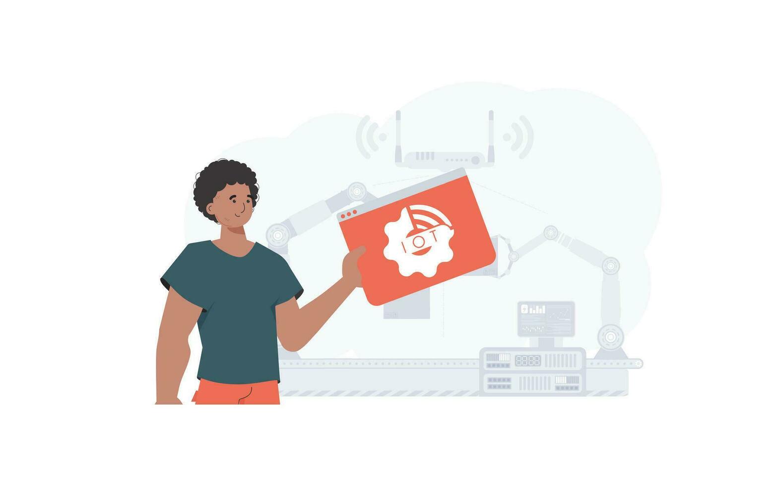 The guy is holding an internet thing icon in his hands. Internet of things concept. Good for presentations and websites. Vector illustration in trendy flat style.