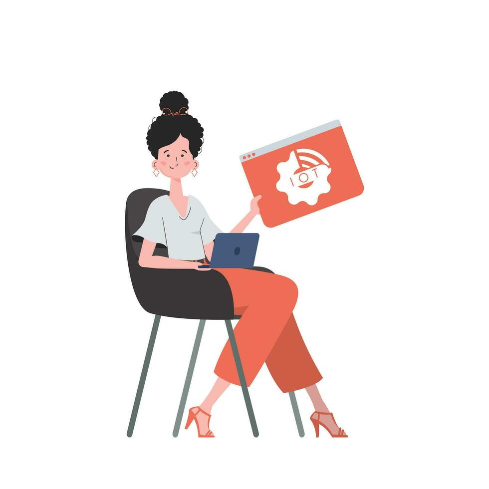 The girl is holding the IoT icon in her hands. IoT concept. Isolated. Vector. vector