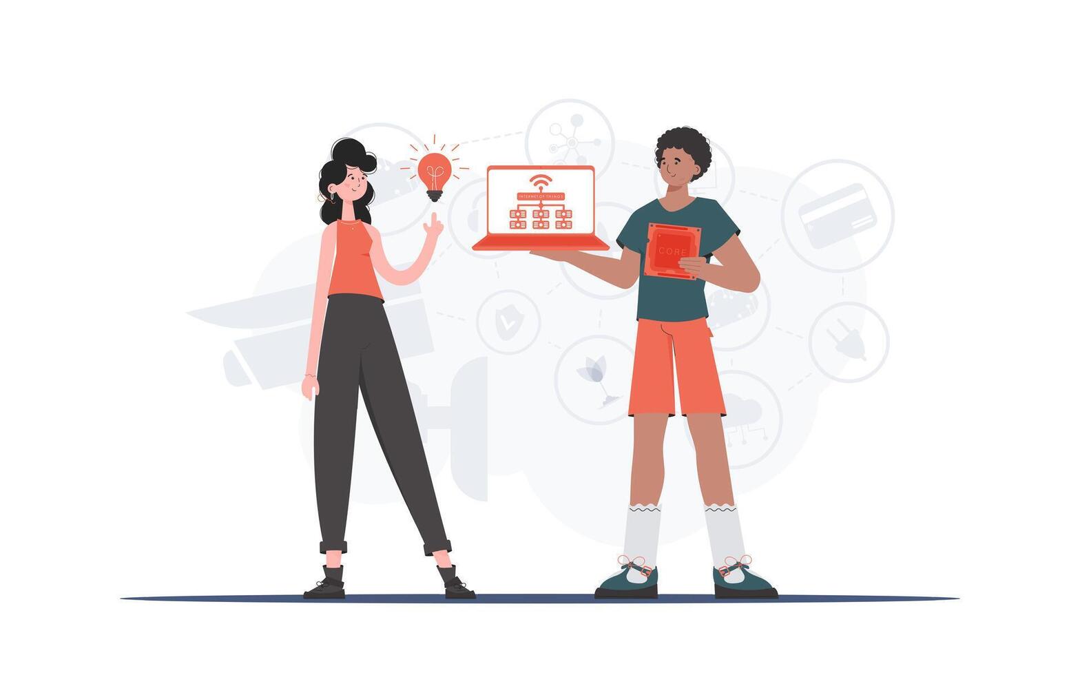 The girl and the guy are a team in the field of Internet of things. Internet of things concept. Good for presentations and websites. Trendy flat style. Vector. vector