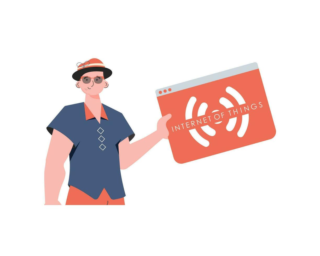 A man holds an IoT logo in his hands. Internet of things concept. Isolated. Vector illustration in trendy flat style.