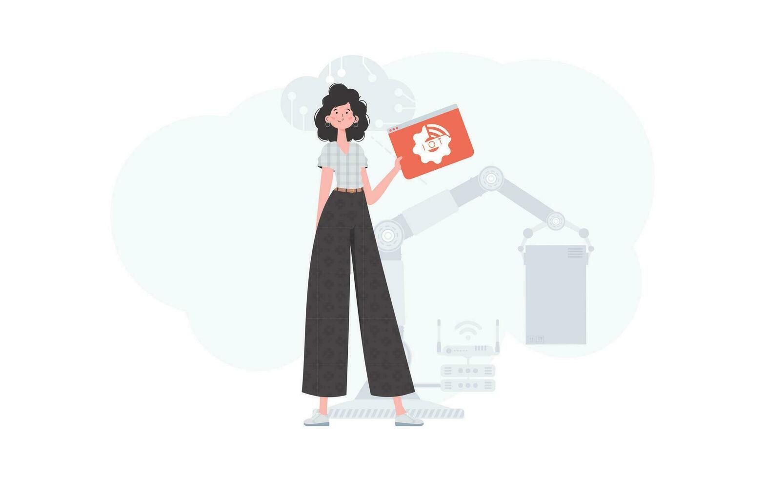 A woman is holding an internet thing icon in her hands. IoT concept. Good for presentations and websites. Vector illustration in trendy flat style.