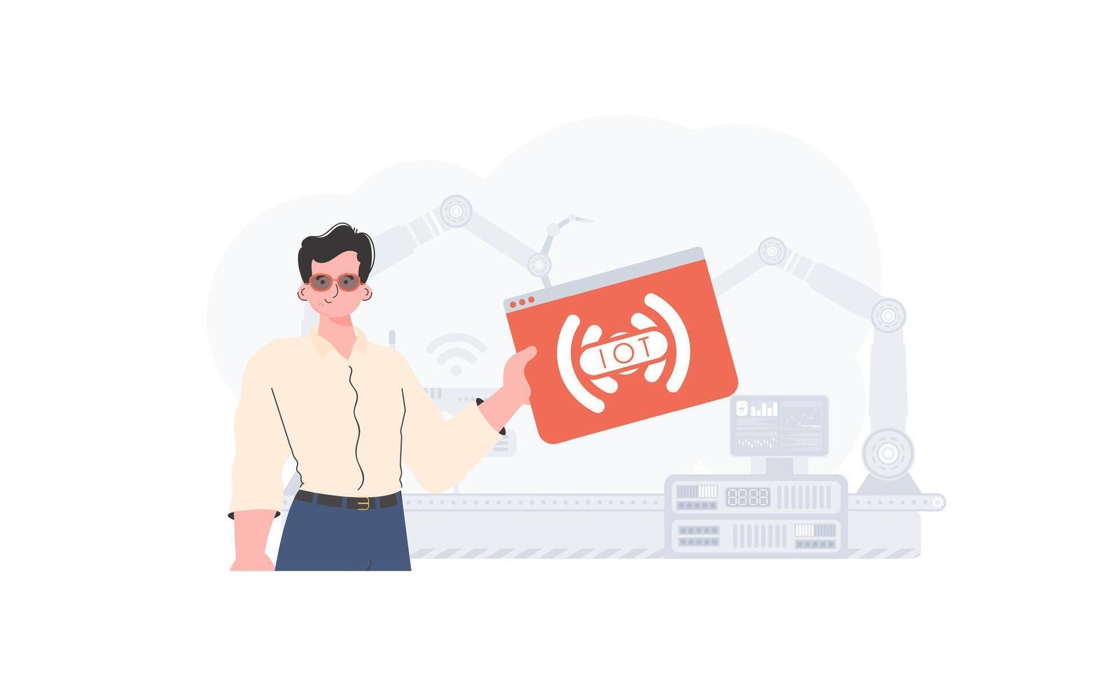 The guy is holding an internet thing icon in his hands. Internet of things concept. Good for presentations and websites. illustration. vector