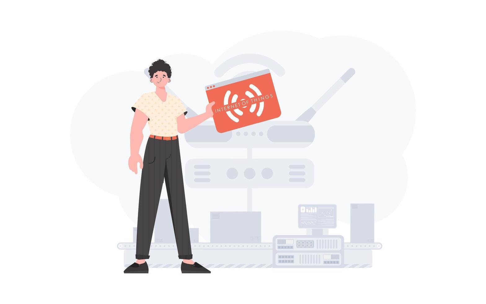 The guy is holding an internet thing icon in his hands. IoT concept. Good for presentations and websites. illustration. vector