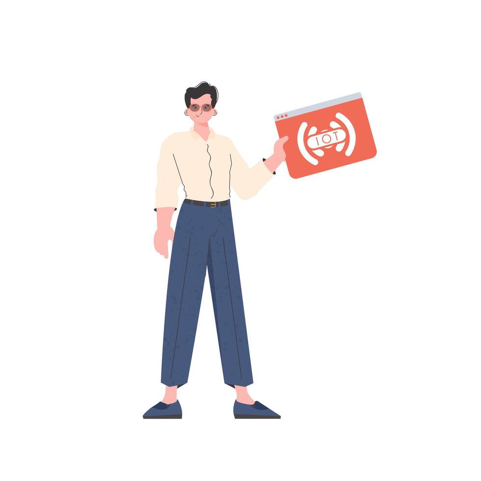A man holds an IoT logo in his hands. IOT and automation concept. Isolated. illustration in flat style. vector