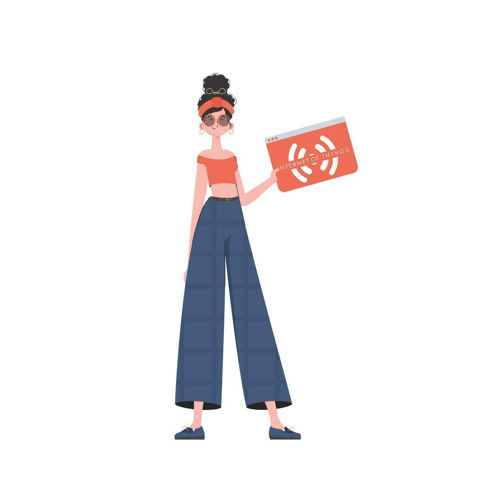 The girl is holding the IoT icon in her hands. Internet of things concept. Isolated. Vector. vector