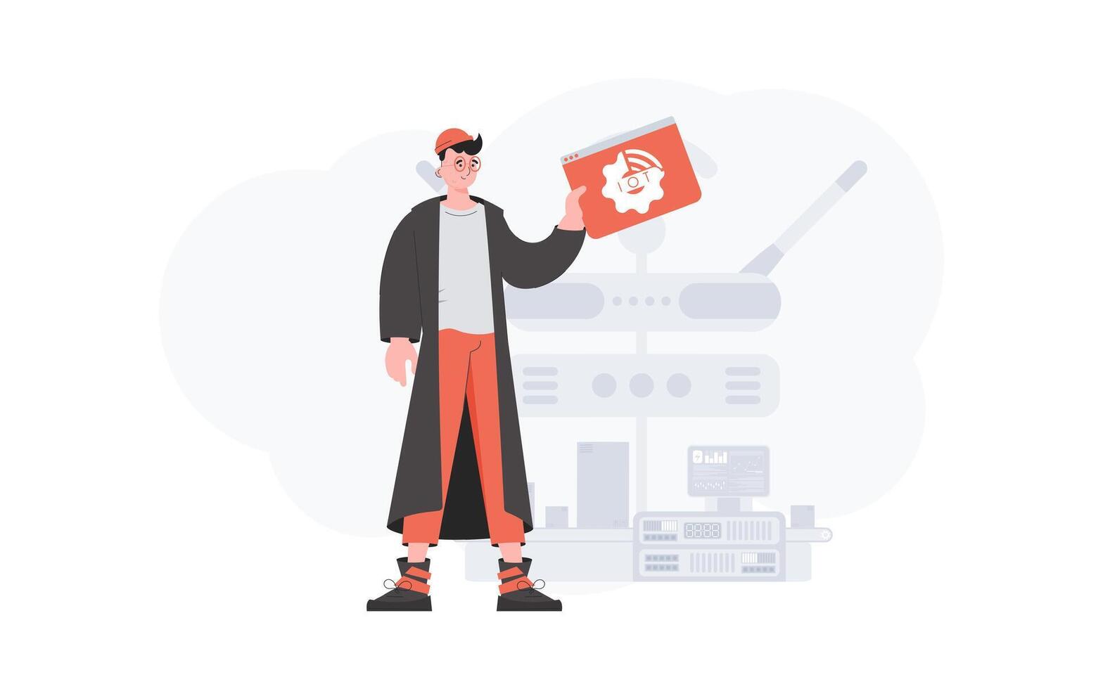 The guy is holding an internet thing icon in his hands. IoT concept. Good for websites and presentations. illustration. vector
