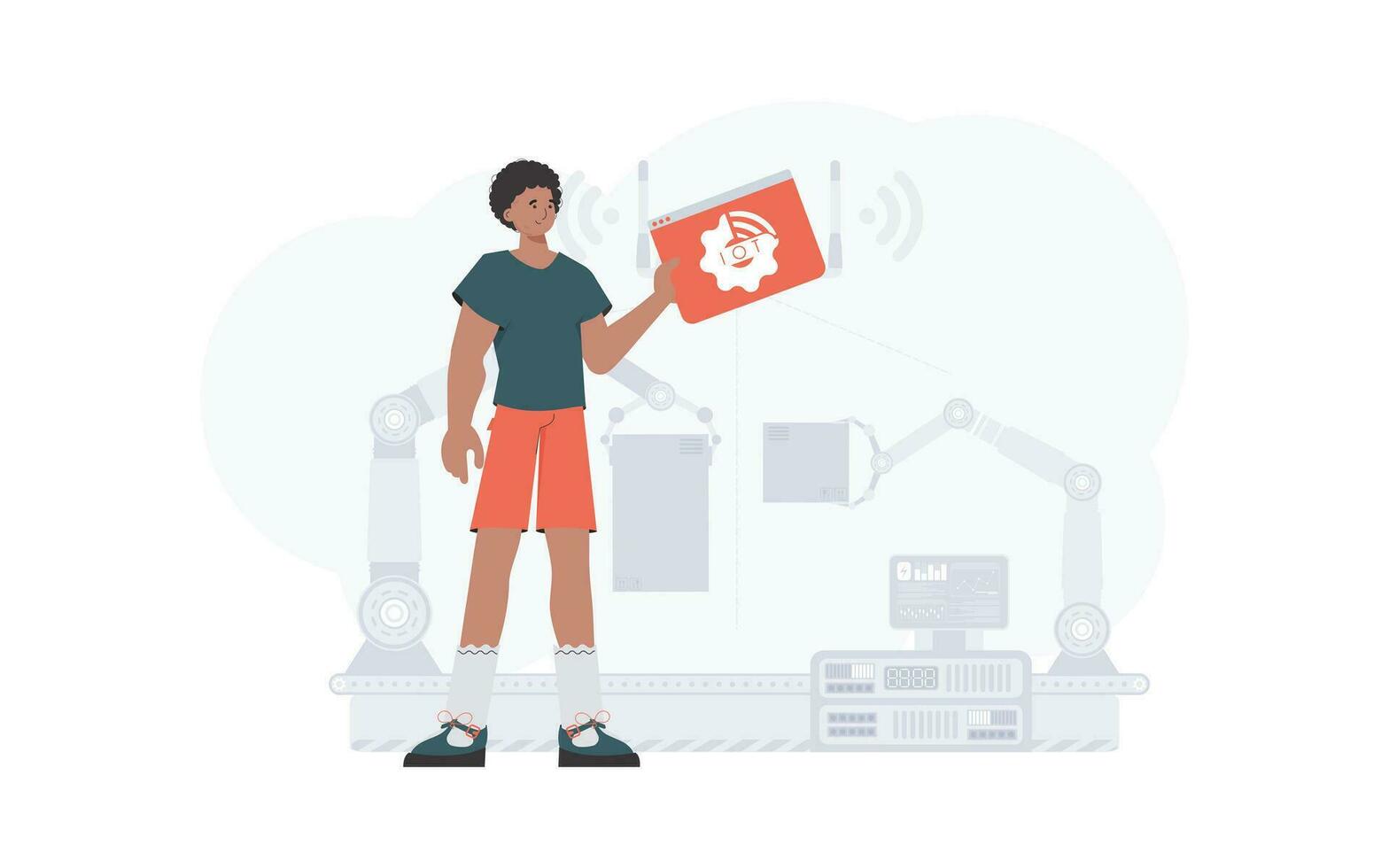 The guy is holding an internet thing icon in his hands. IoT concept. Good for websites and presentations. Trendy flat style. Vector. vector