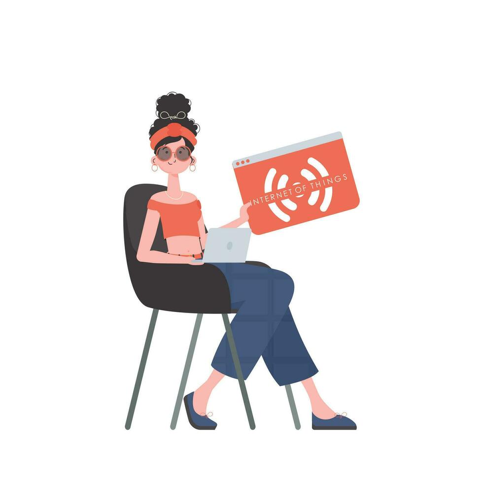 The girl is holding the IoT icon in her hands. IOT and automation concept. Isolated. Vector illustration in flat style.