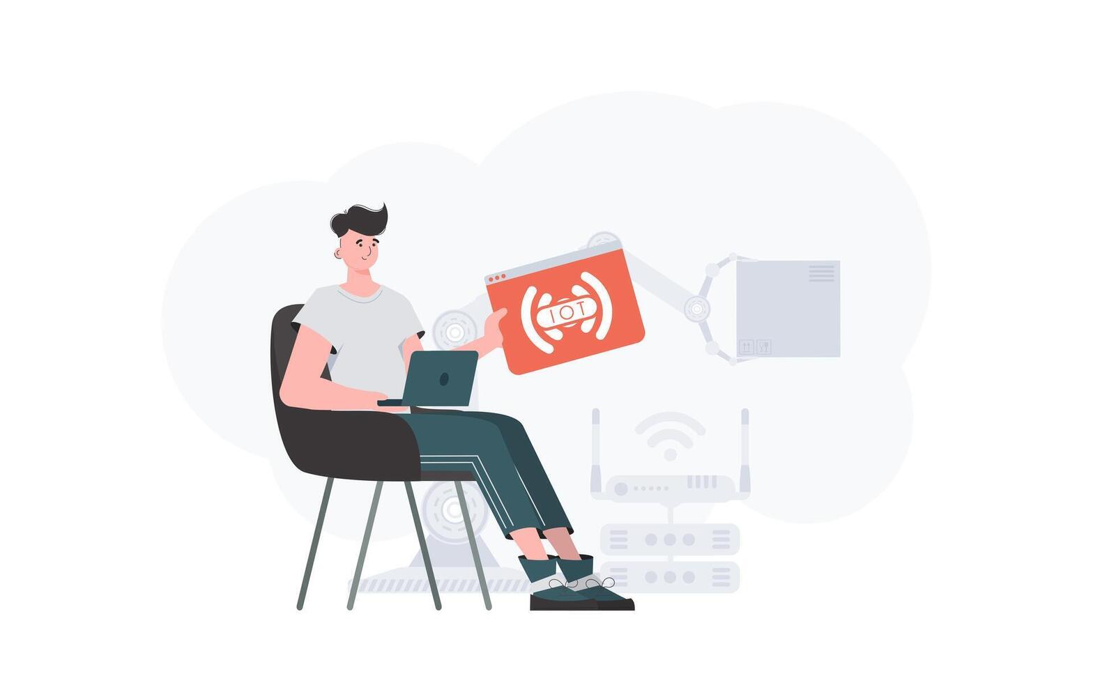 The guy is holding an internet thing icon in his hands. Internet of things concept. Good for websites and presentations. Trendy flat style. . vector