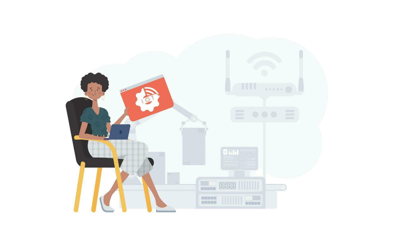A woman is holding an internet thing icon in her hands. IoT concept. Good for websites and presentations. Vector illustration in flat style.