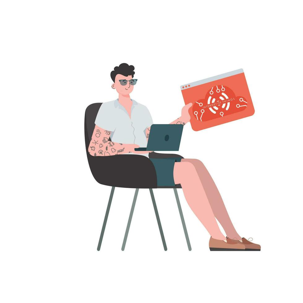 A man holds an IoT logo in his hands. IoT concept. Isolated. Vector illustration in trendy flat style.