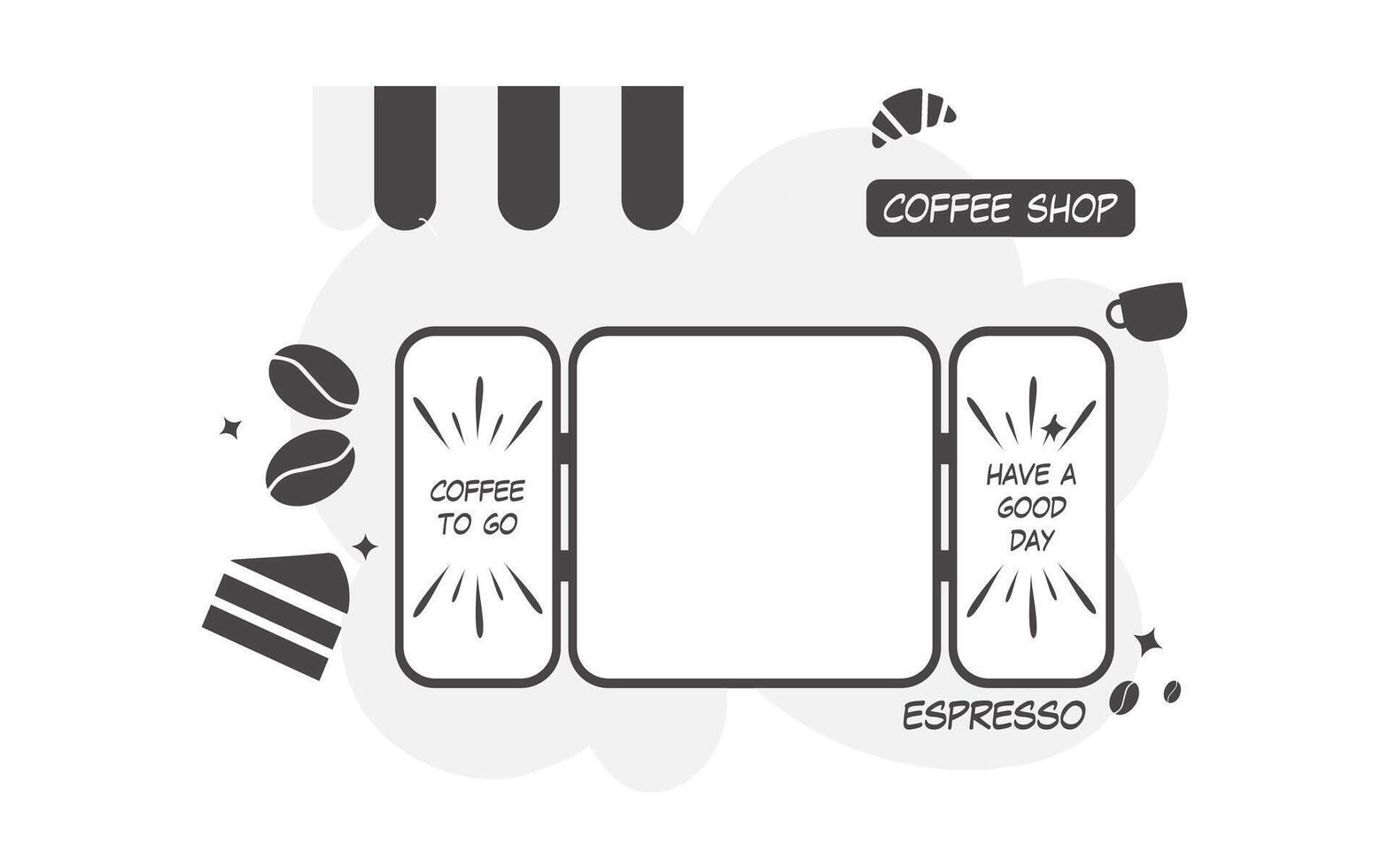 Cafe background in black and white style. Good for presentations and websites. Vector illustration.