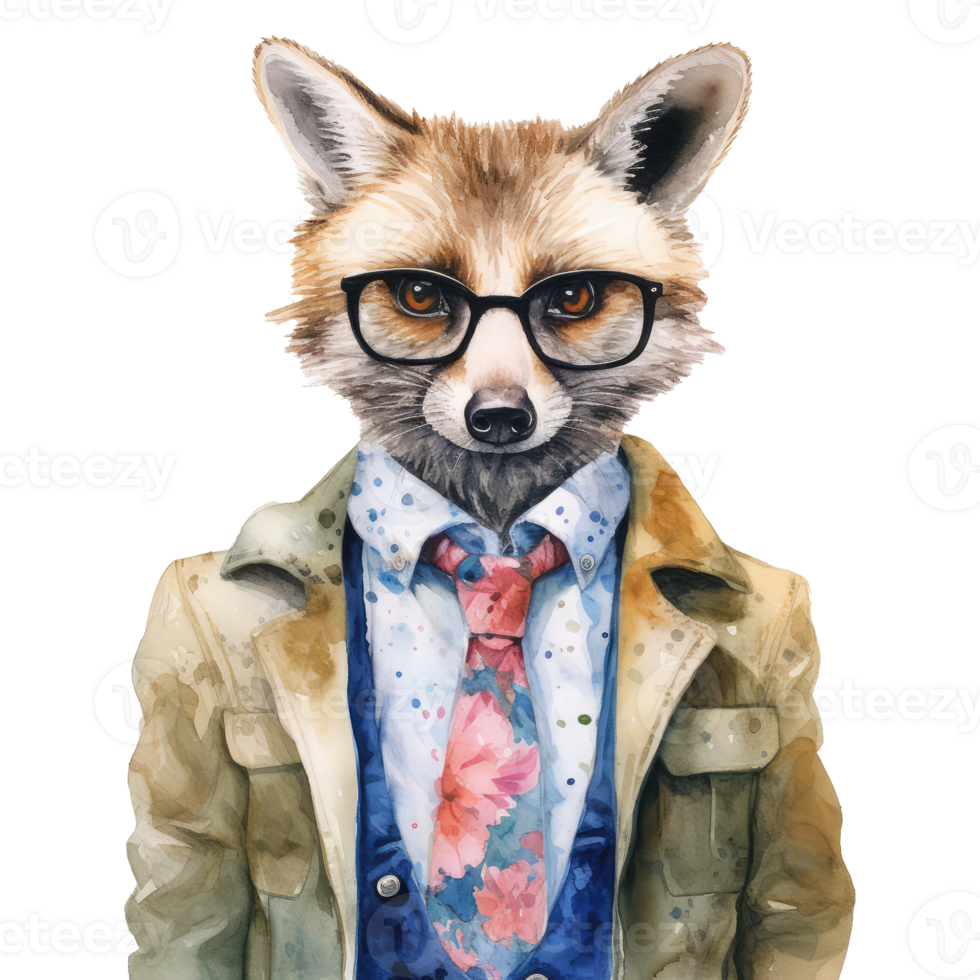 watercolour racoon dressed in clothes . AI Generated png