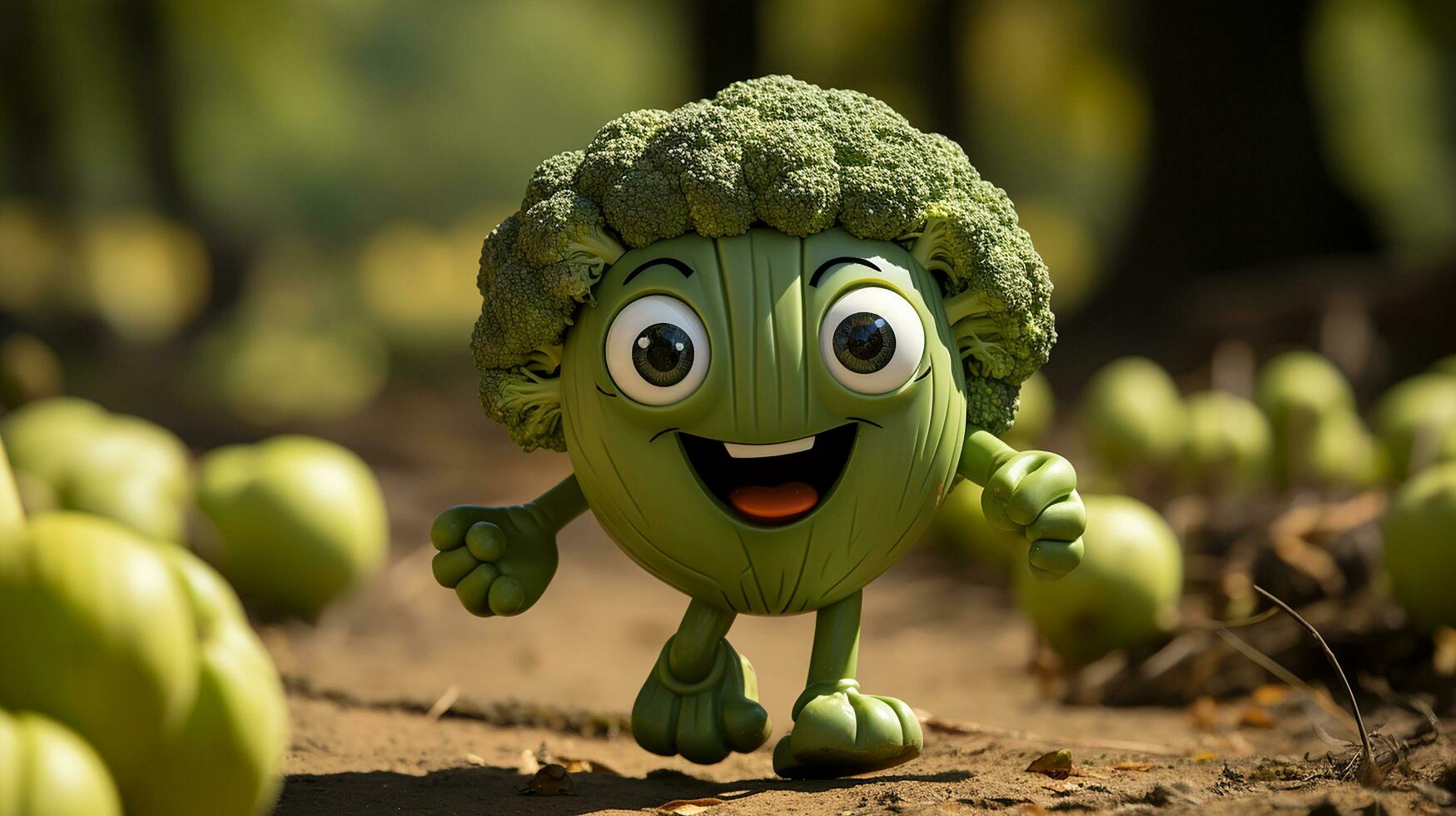 broccoli have face, hands and foots walking made by AI generative photo