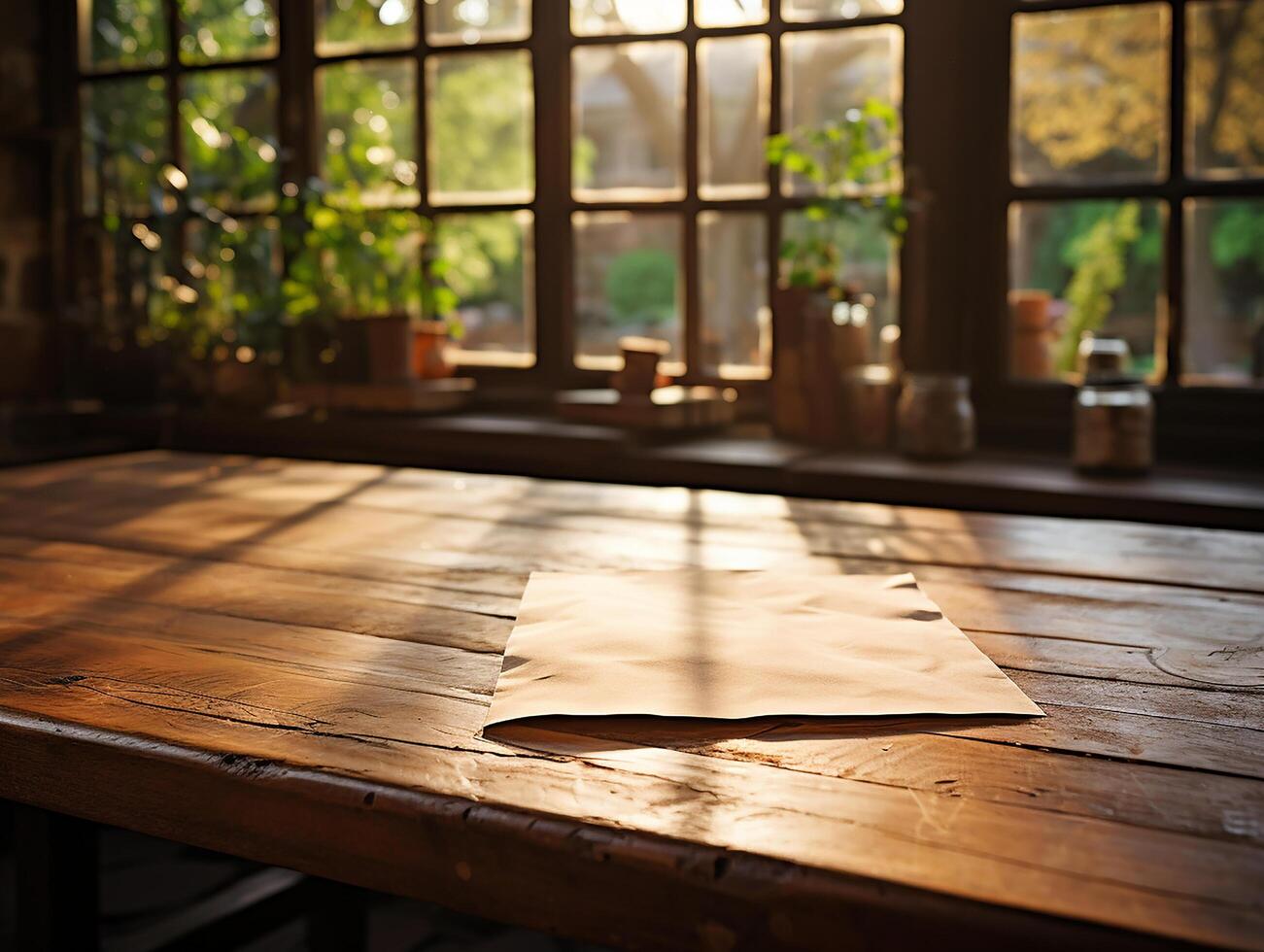 papel en el de madera mesa, real fotografía con suave Encendiendo y Dom ligero ai generar foto