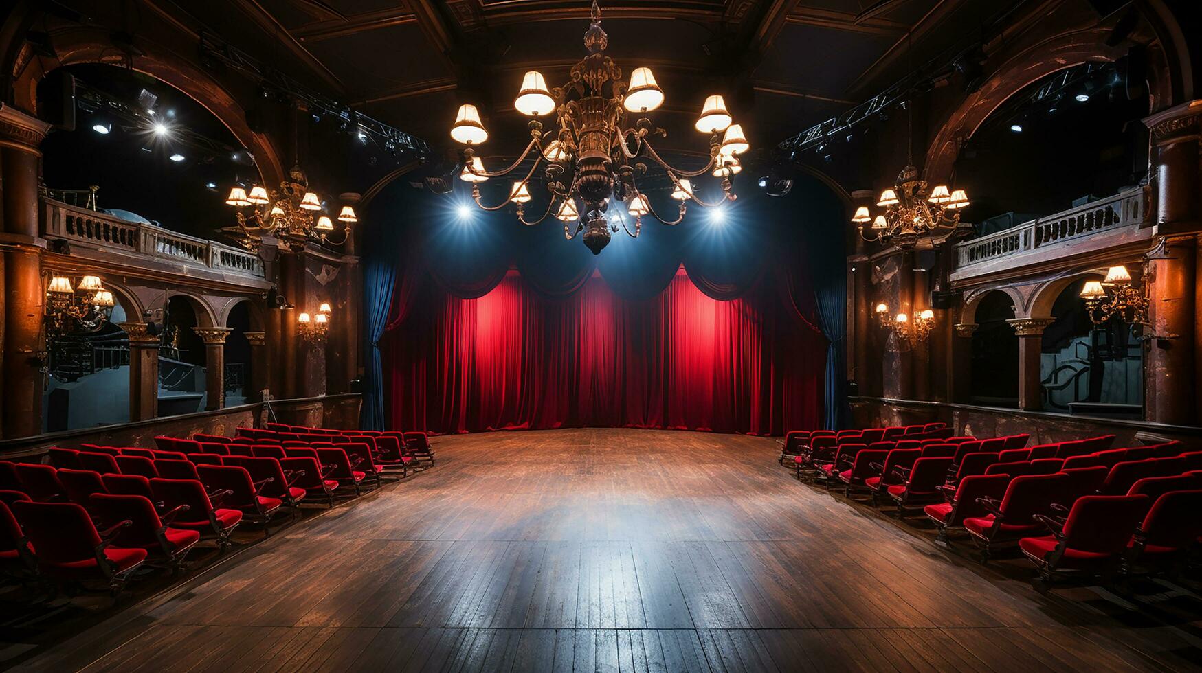 teatro escenario, con rojo cortina, de madera piso, sillas y Encendiendo ai generativo foto