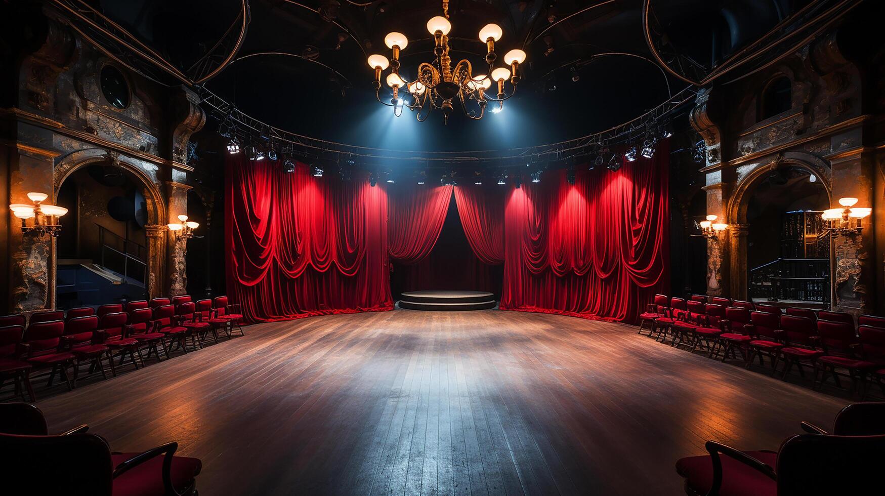 theater stage, with red curtain, wooden floor, chairs and lighting photo