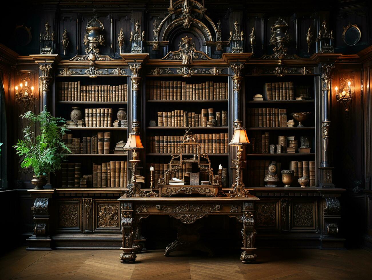 a photography of classical wooden library, insane detail AI generative photo