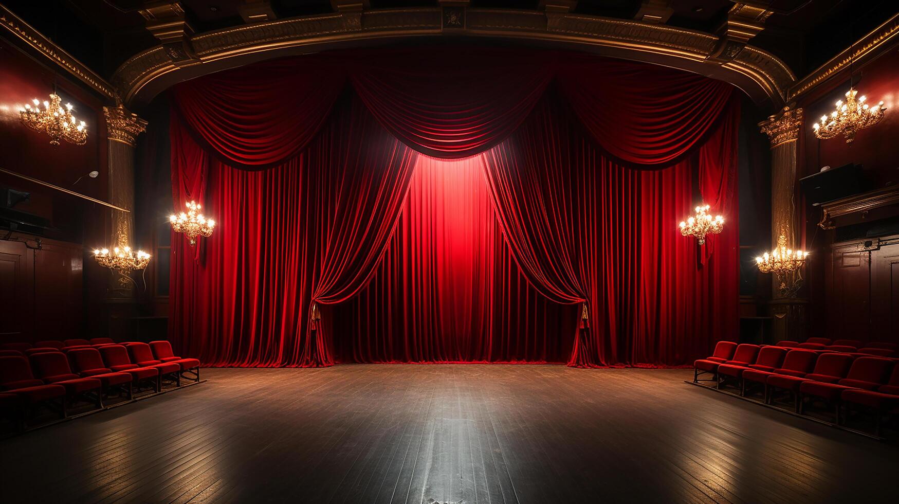 theater stage, with red curtain, wooden floor, chairs and lighting AI generative photo