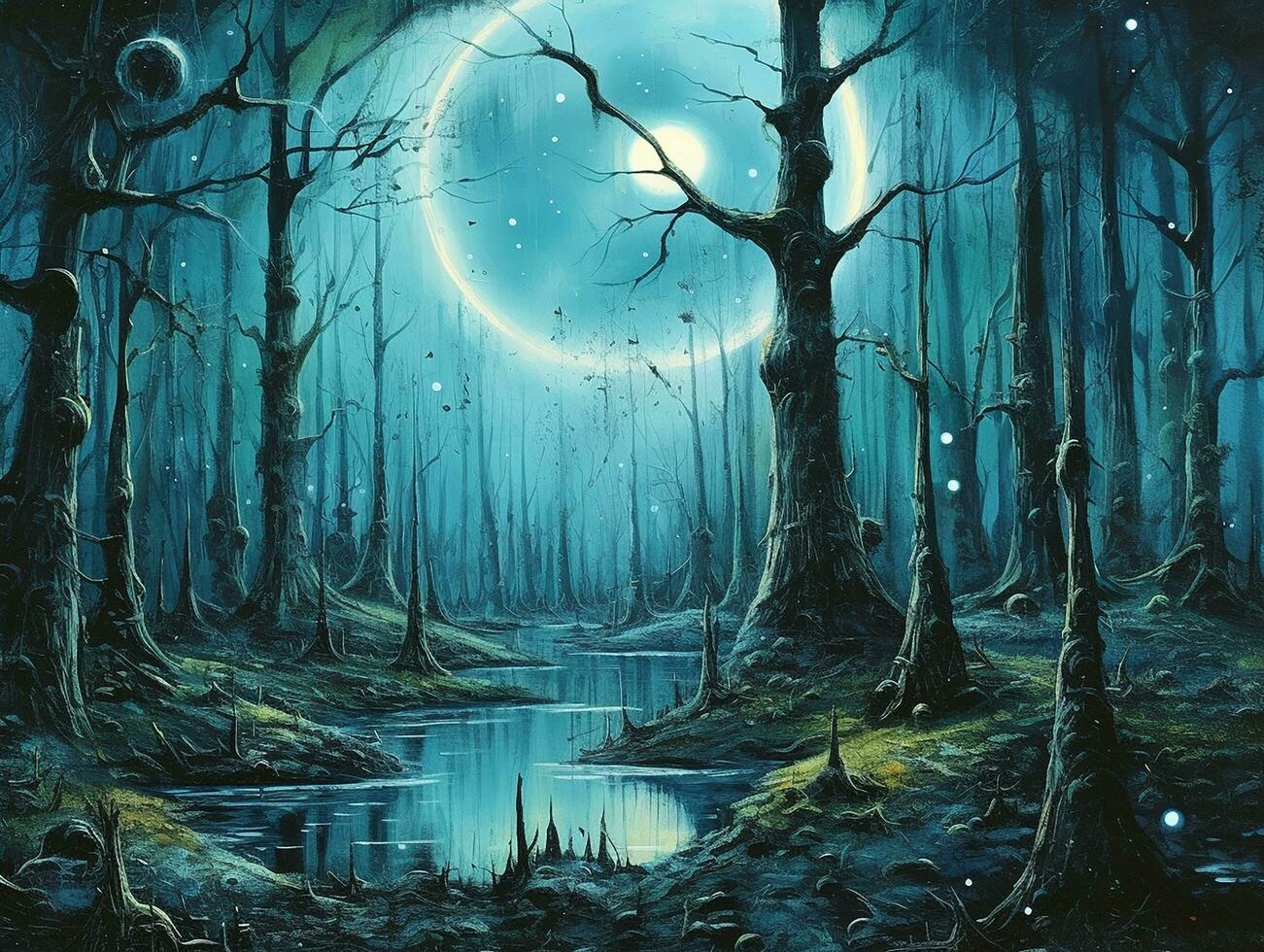 dark fantasy forest with moon in the sky AI generative photo