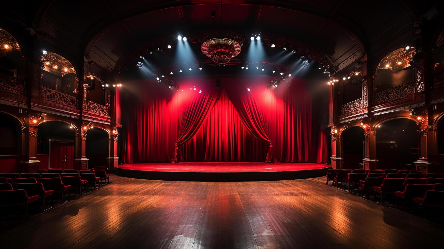 theater stage, with red curtain, wooden floor, chairs and lighting photo