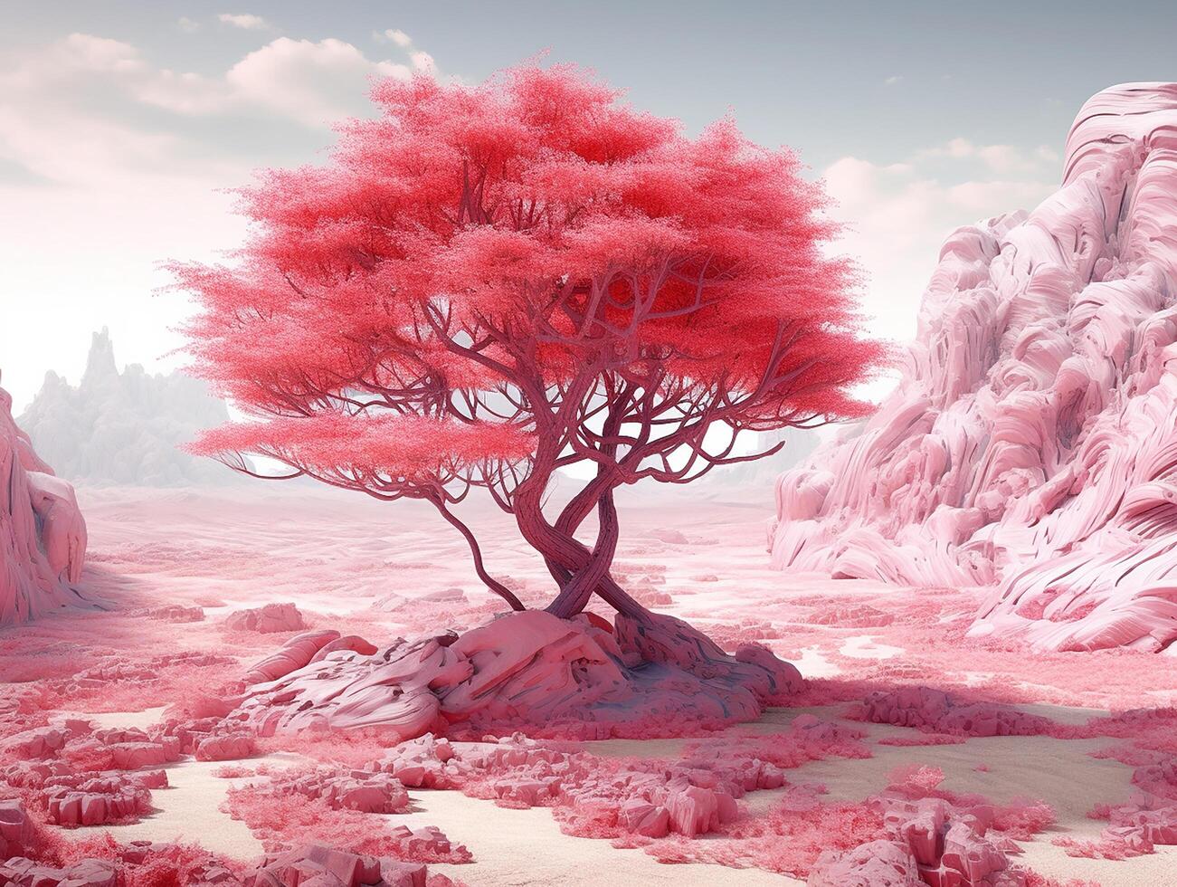 panoramic picture of a baby pink leafed tree in the middle of red utopia desert photo
