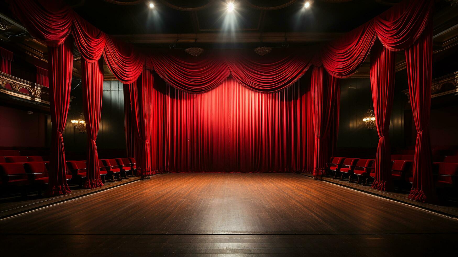 teatro escenario, con rojo cortina, de madera piso, sillas y Encendiendo ai generativo foto