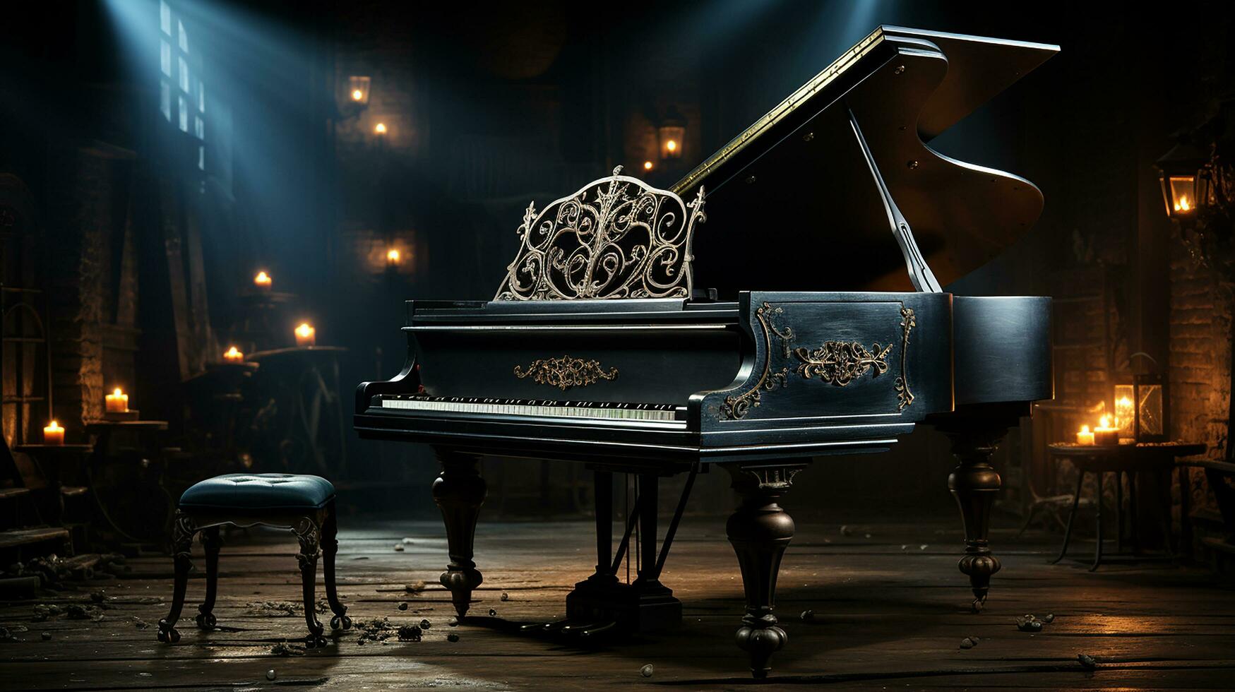 an old grand piano in the middle of dark blank room with god rays light it up AI generate photo