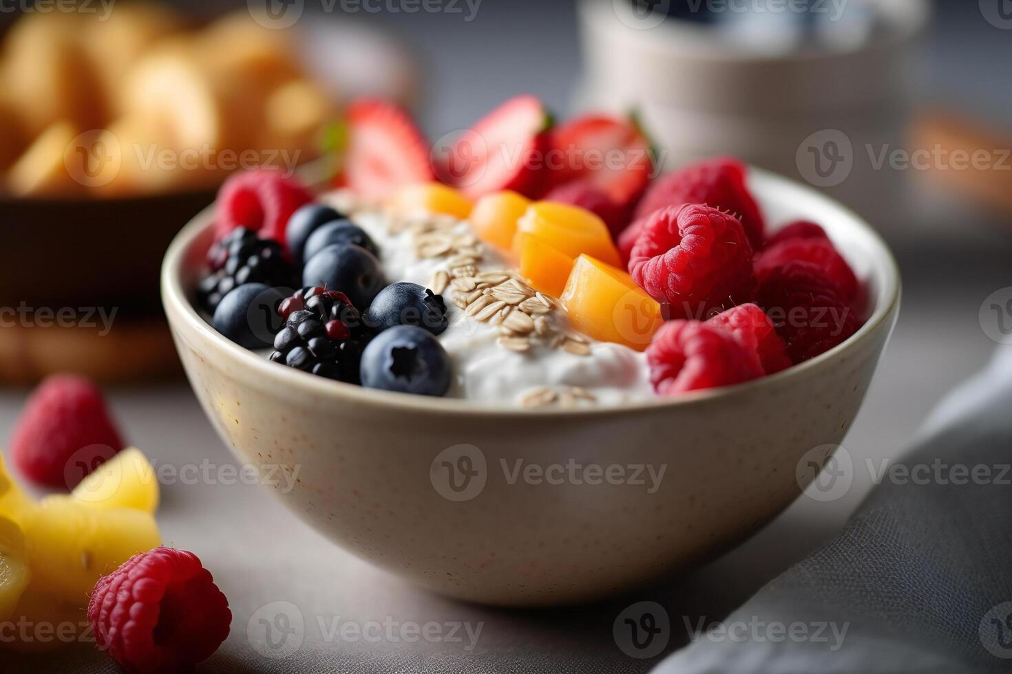 Bowl of colorful healthy fruits. photo