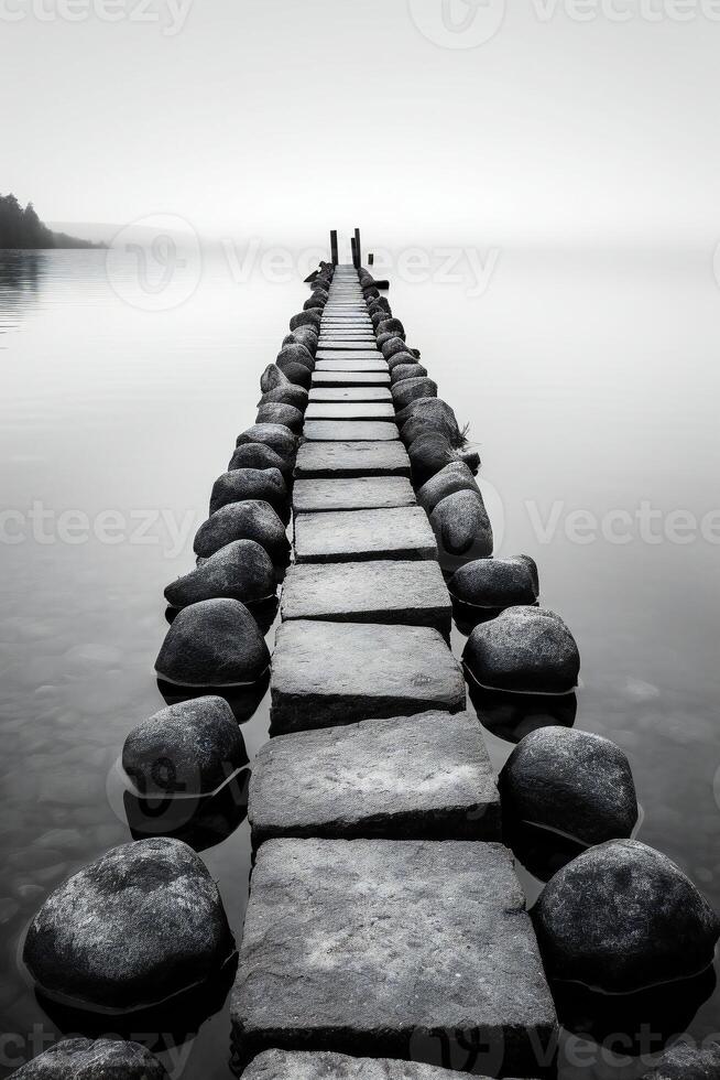 Bridge made of stones overlooking the horizon, black and white. photo