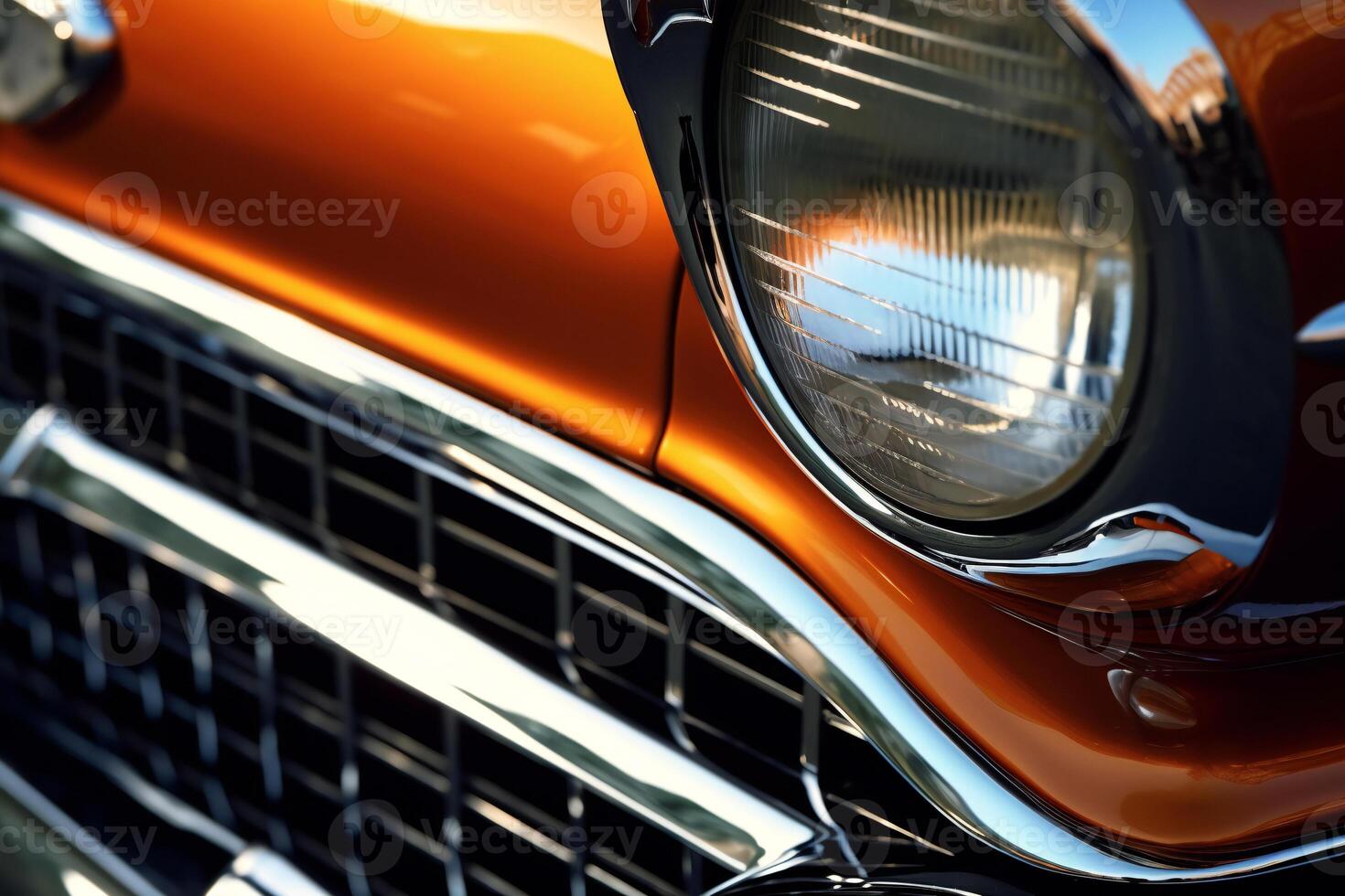 Close-up of the headlight of an old classic car. photo