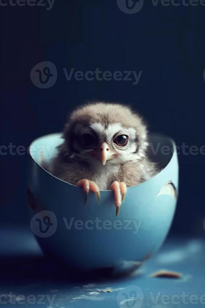 Cute little baby owl in blue egg cup on dark background. photo