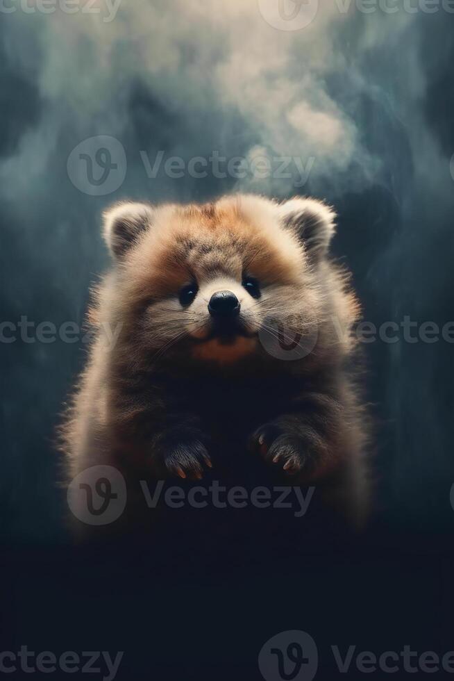 Cute little bear on dark background with smoke. photo