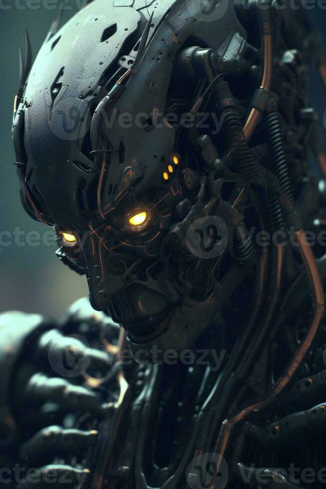 Dark metal robot, close up. AI Generative photo