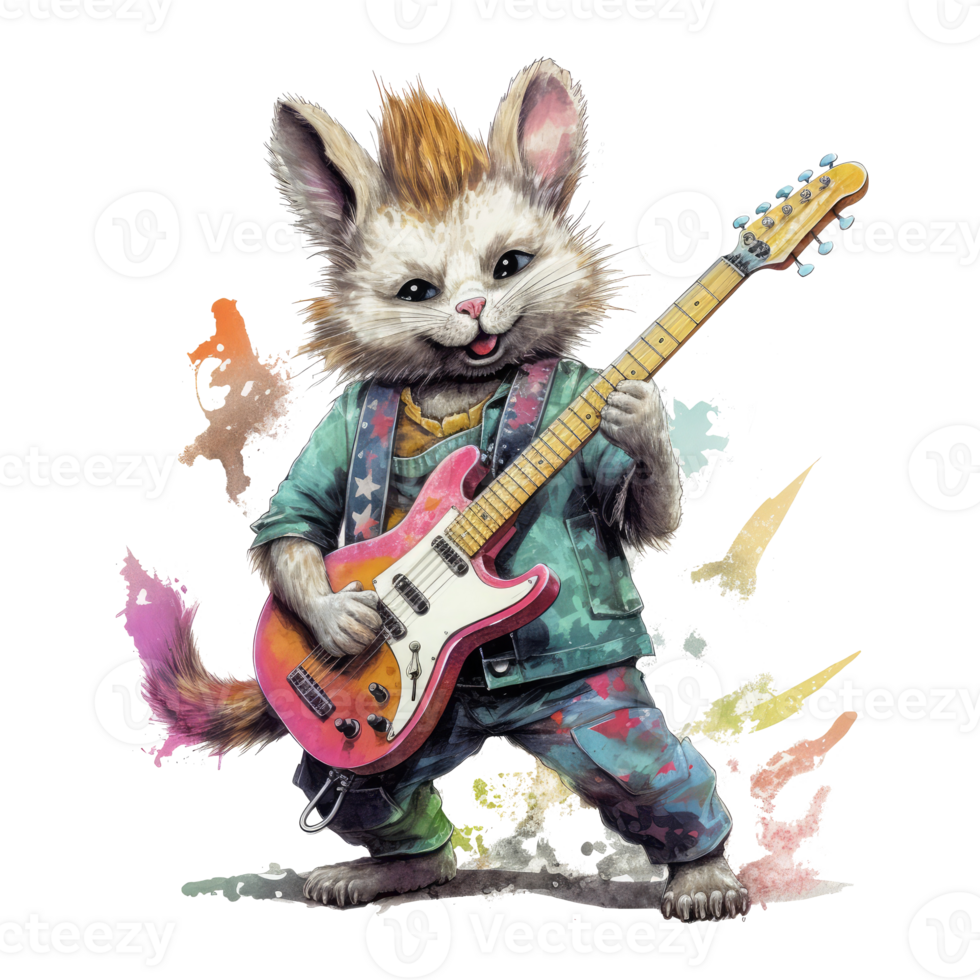 watercolor funny animal rockstar playing guitar . AI Generated png