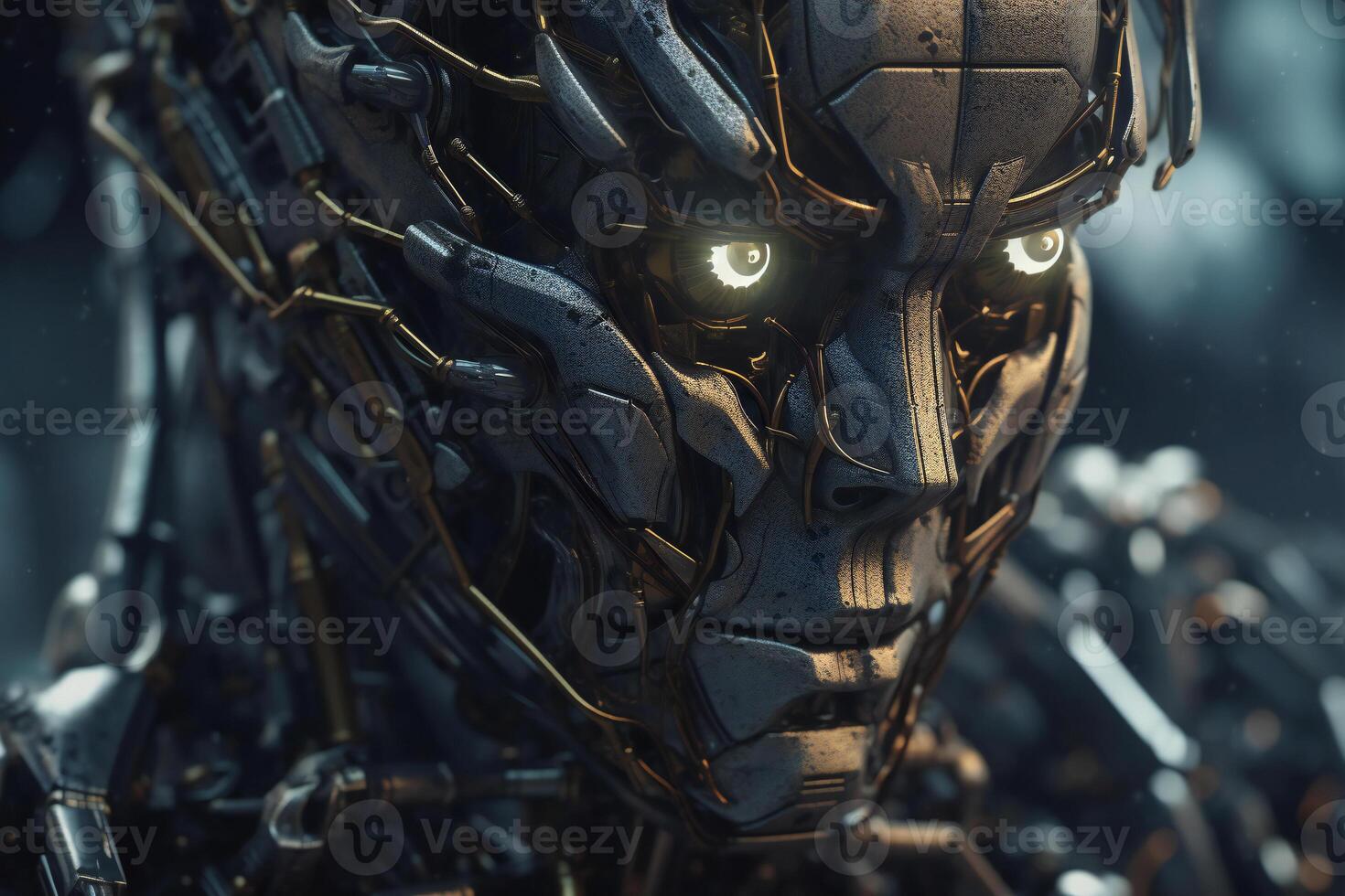 Dark metal robot, close up. photo