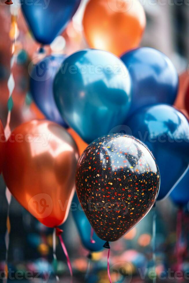 Colorful balloons on the streets of the city. Bokeh effect. AI Generative photo