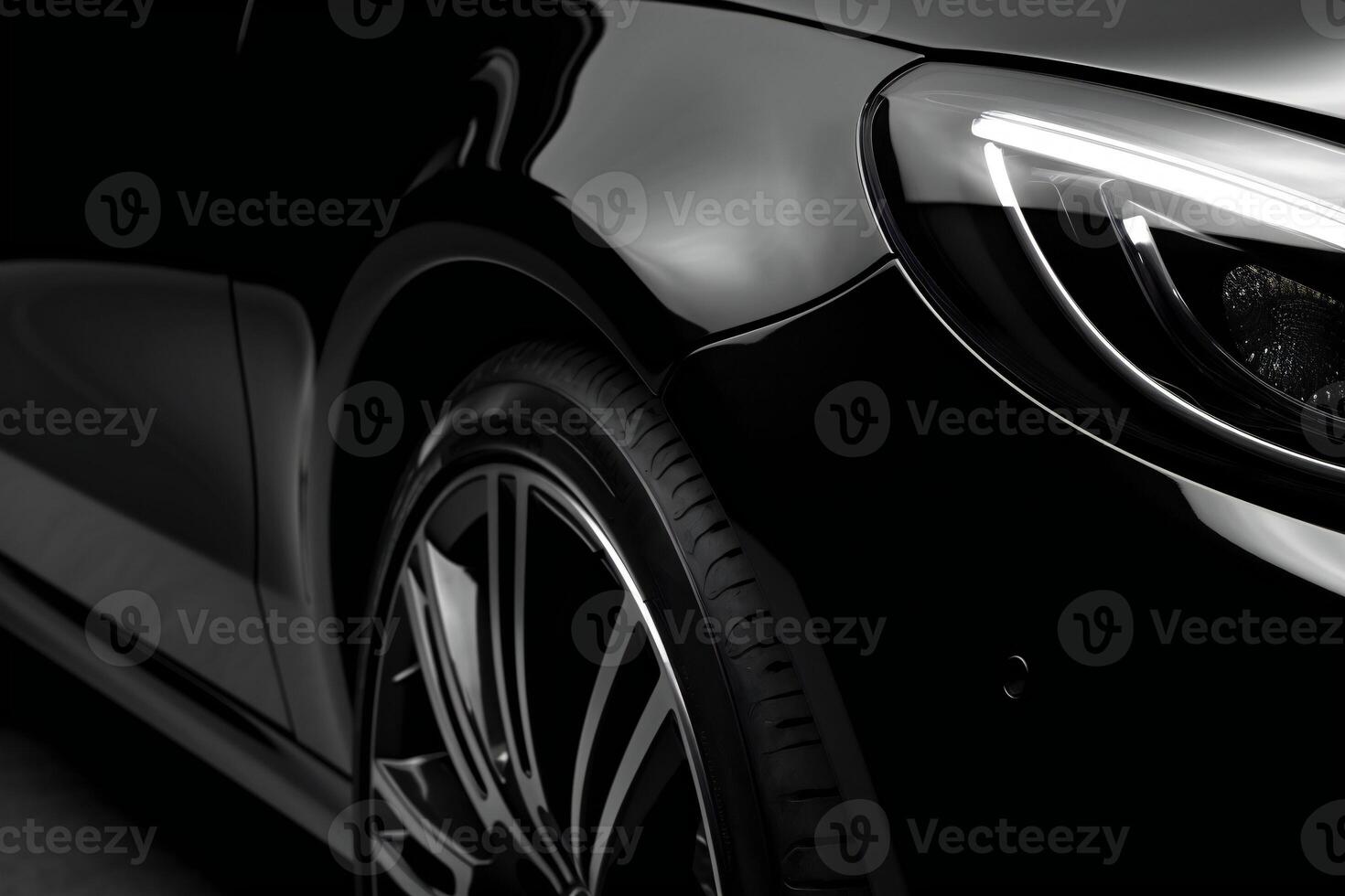Black sport car close-up on dark background. 3d rendering. photo
